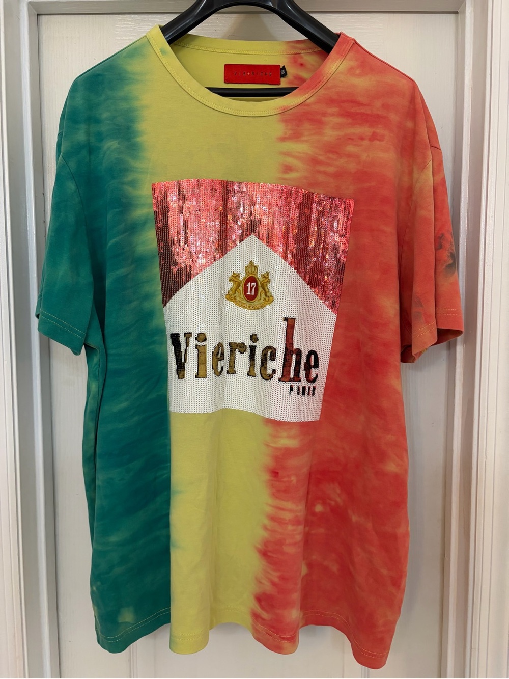Rare Vie + Riche Paris T-Shirt Size 3XL Tie Dye Sequins Hippie Shinny Cool Fun